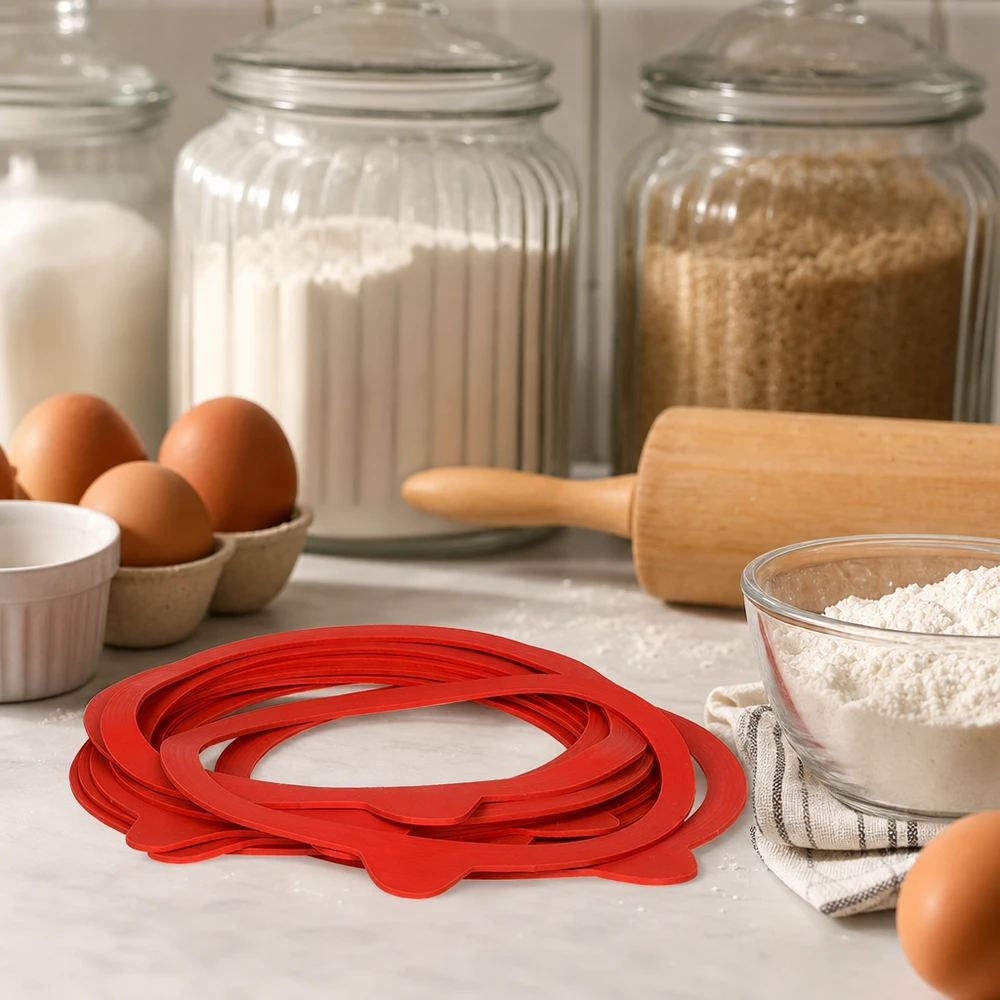 Bague d'étanchéité en caoutchouc naturel RR120 Anneaux rouges de mise en conserve RR120 en caoutchouc naturel dans la cuisine de boulangerie avec des œufs, de la farine, un rouleau à pâtisserie et des bocaux de stockage pour la mise en conserve