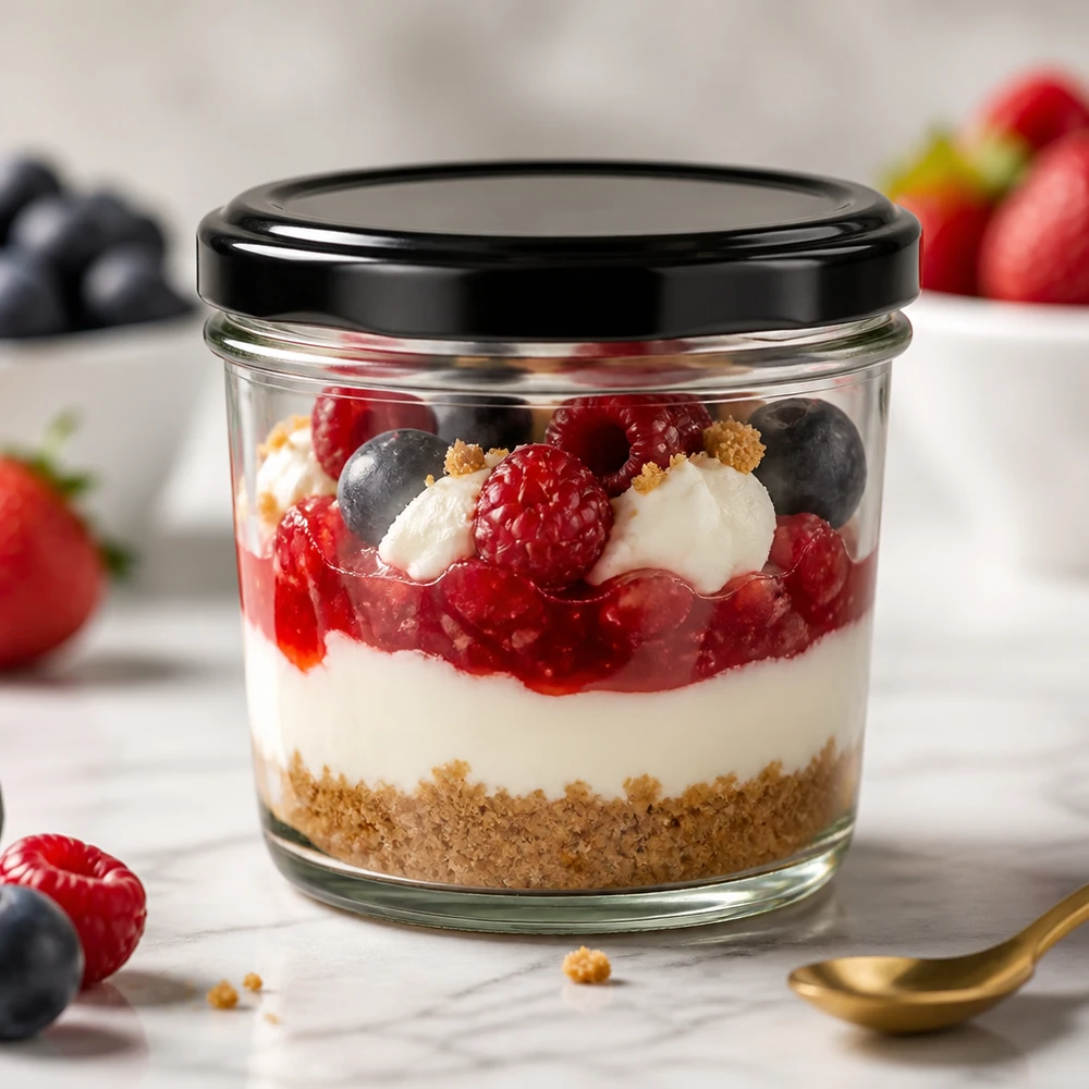 230ml Verre conique avec couvercle BasicSeal noir UNiTWIST Verre renversé de 230 ml avec couvercle BasicSeal noir rempli d'un dessert aux fruits rouges montre un portionnement et une présentation élégants