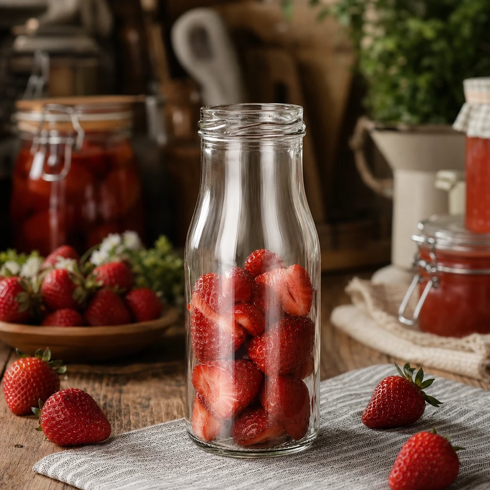 150ml Bouteille sans bouchon (TO43) UNiTWIST UNiTWIST Bottle150 Bouteille en verre 150ml TO43 remplie de fraises fraîches sur une table en bois rustique avec des pots de confiture