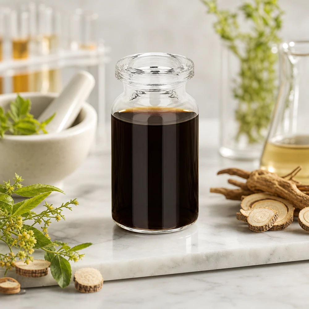 Flacon d'injection en verre clair 5 ml Klarglas Injektionsflasche 5ml für Naturextrakte mit Likörwurzel und grünen Kräutern dekoriert