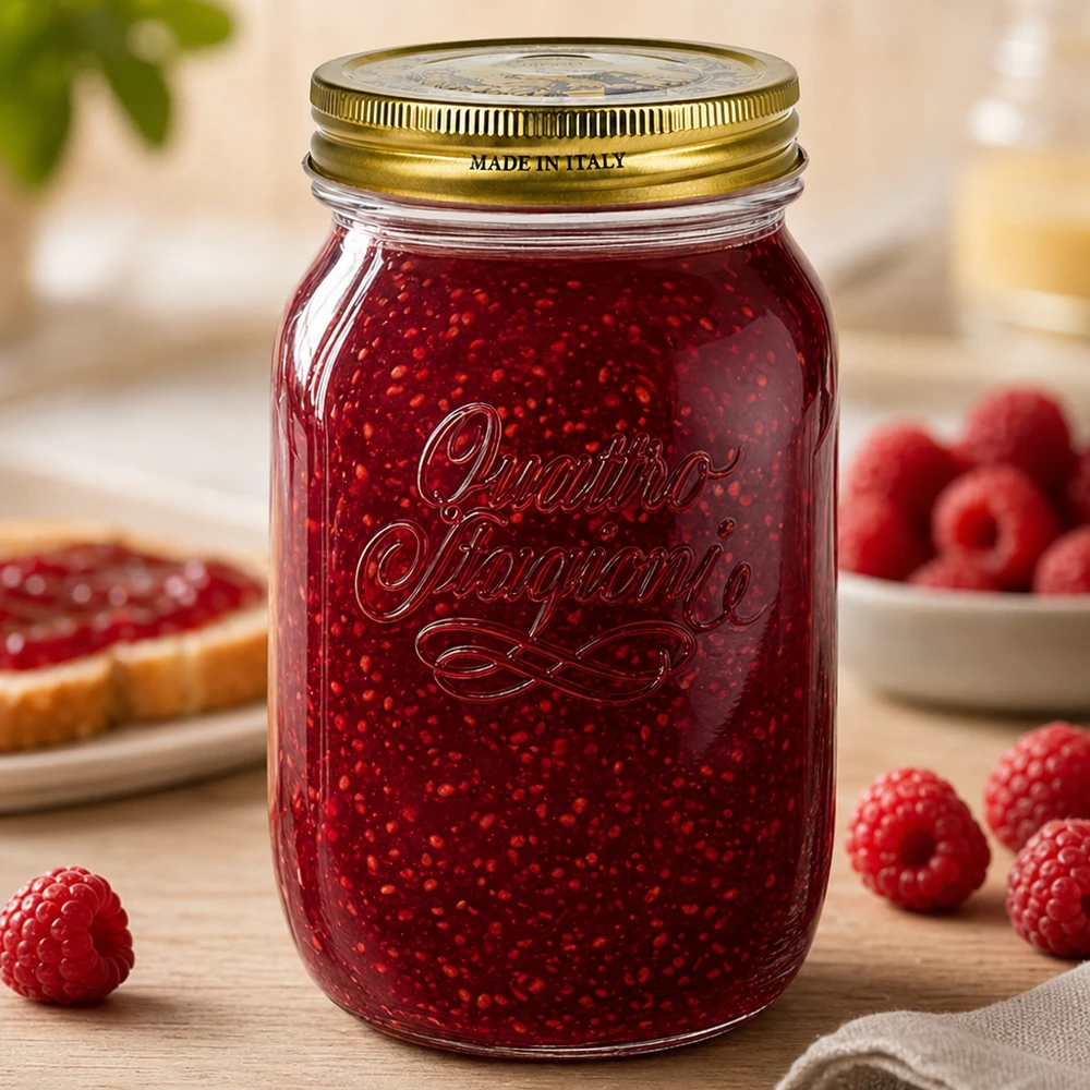 Verre rond 1000ml « Quattro Stagioni » avec couvercle Pot Quattro Stagioni de 1000ml rempli de confiture de framboises entouré de framboises fraîches pot de conserve italien