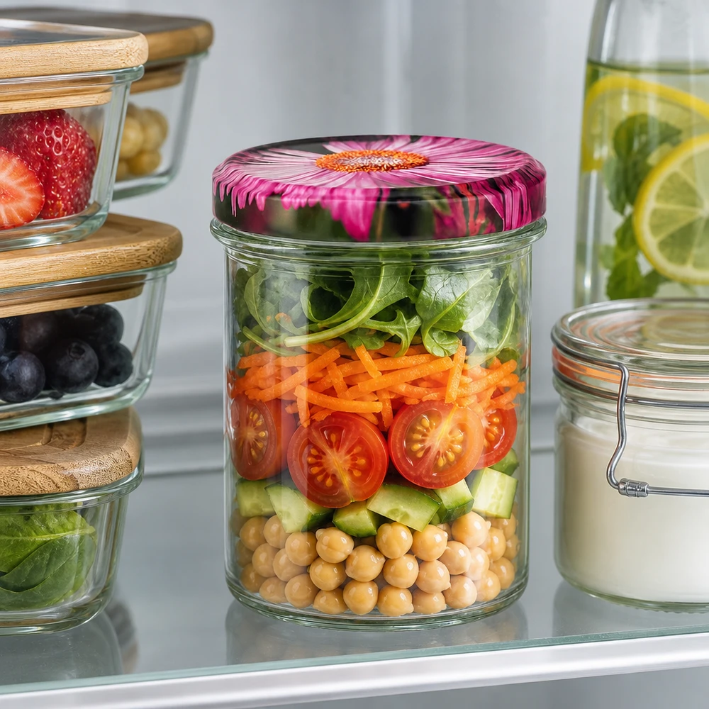 350ml Verre conique avec couvercle BasicSeal decor floral UNiTWIST Pot de 350ml avec couvercle fleuri rempli de salade chickpeas tomates concombres comme meal prep au frigo
