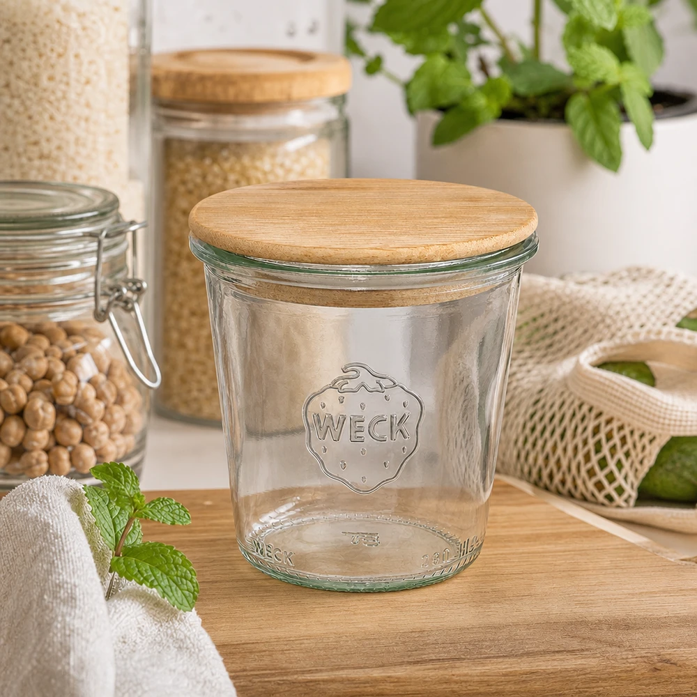 WECK Pot renversé 290ml RR80 avec couvercle en bois dans une cuisine durable avec bocaux à provisions herbes et matériaux naturels