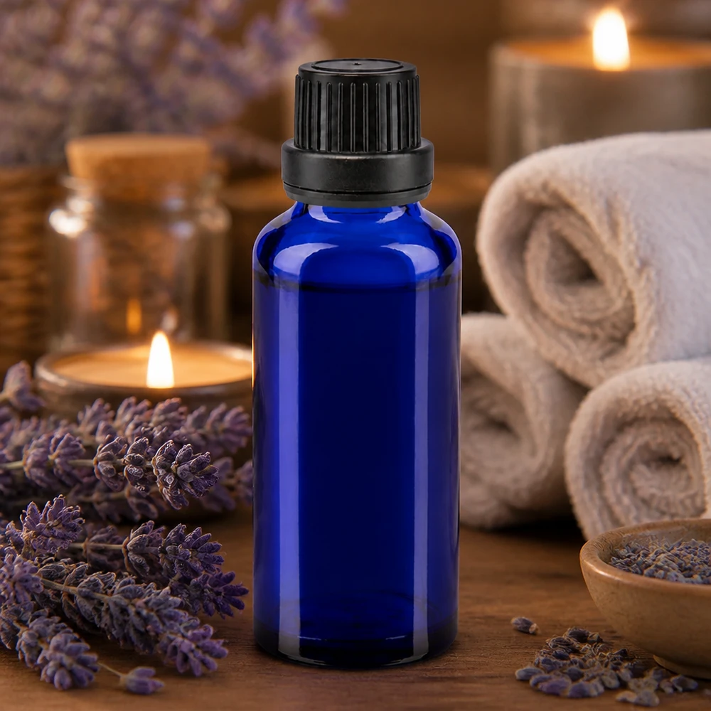 Flacon de pharmacie bleu 30ml bouchon vissable noir bouchon inviolabilité Flacon en verre bleu de 30 ml avec bouchon compte-gouttes, pour l'huile de lavande et les applications d'aromathérapie