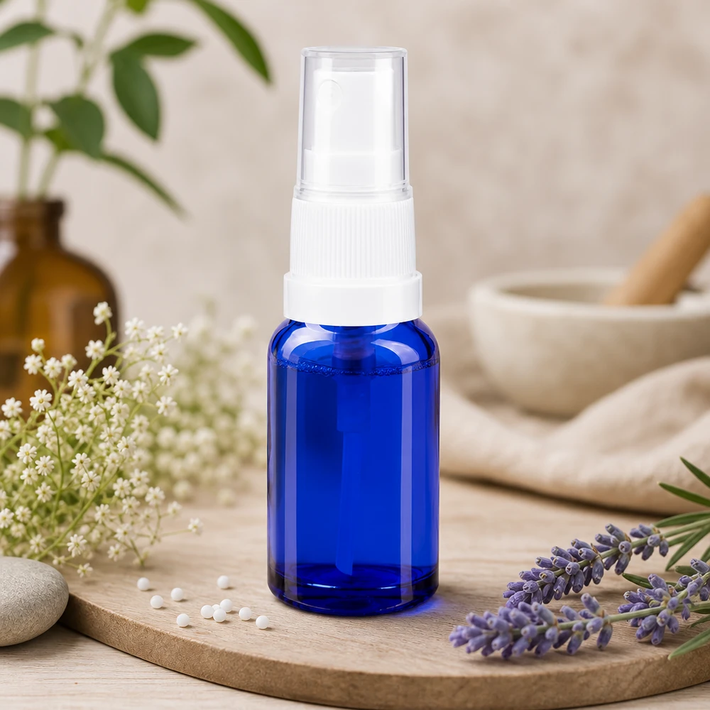 Flacon miniature de 10 ml bleu cobalt en verre anti-UV, muni d'un vaporisateur blanc sur un support en bois