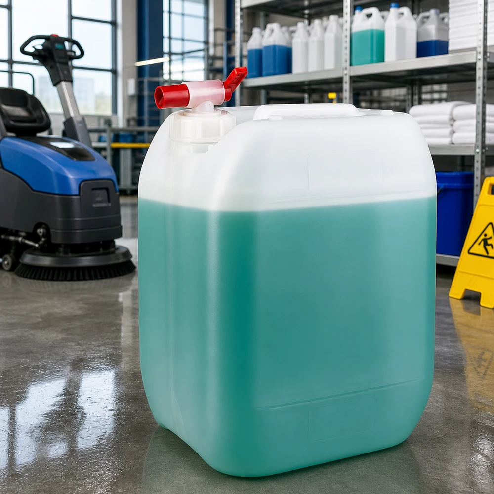 Bidon turquoise de 10 litres avec robinet de vidange rouge dans un centre de nettoyage professionnel