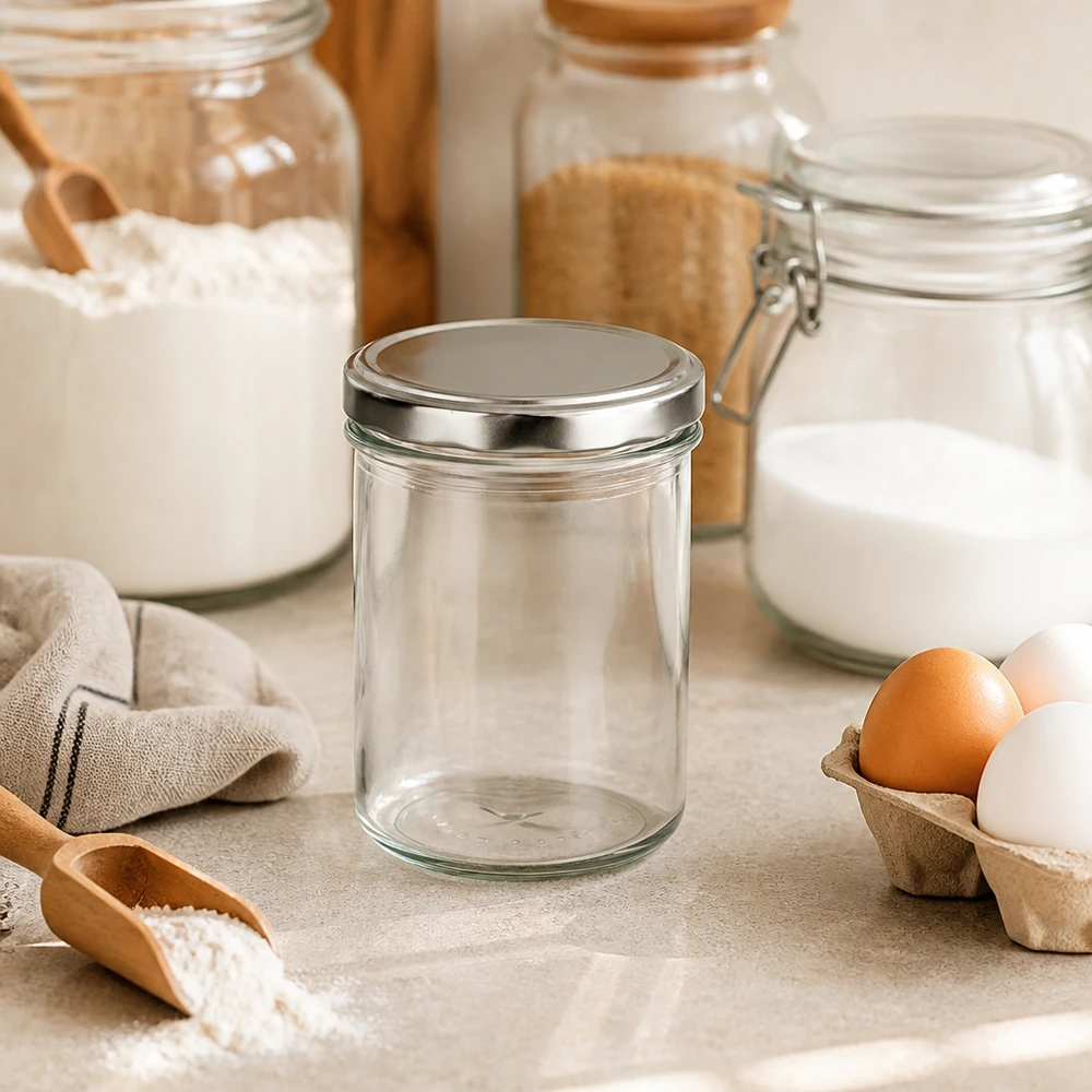 350ml bocal avec couvercle BasicSeal argenté dans une scène de cuisine avec des oeufs, de la farine et des bocaux à provisions Organisation de la cuisine