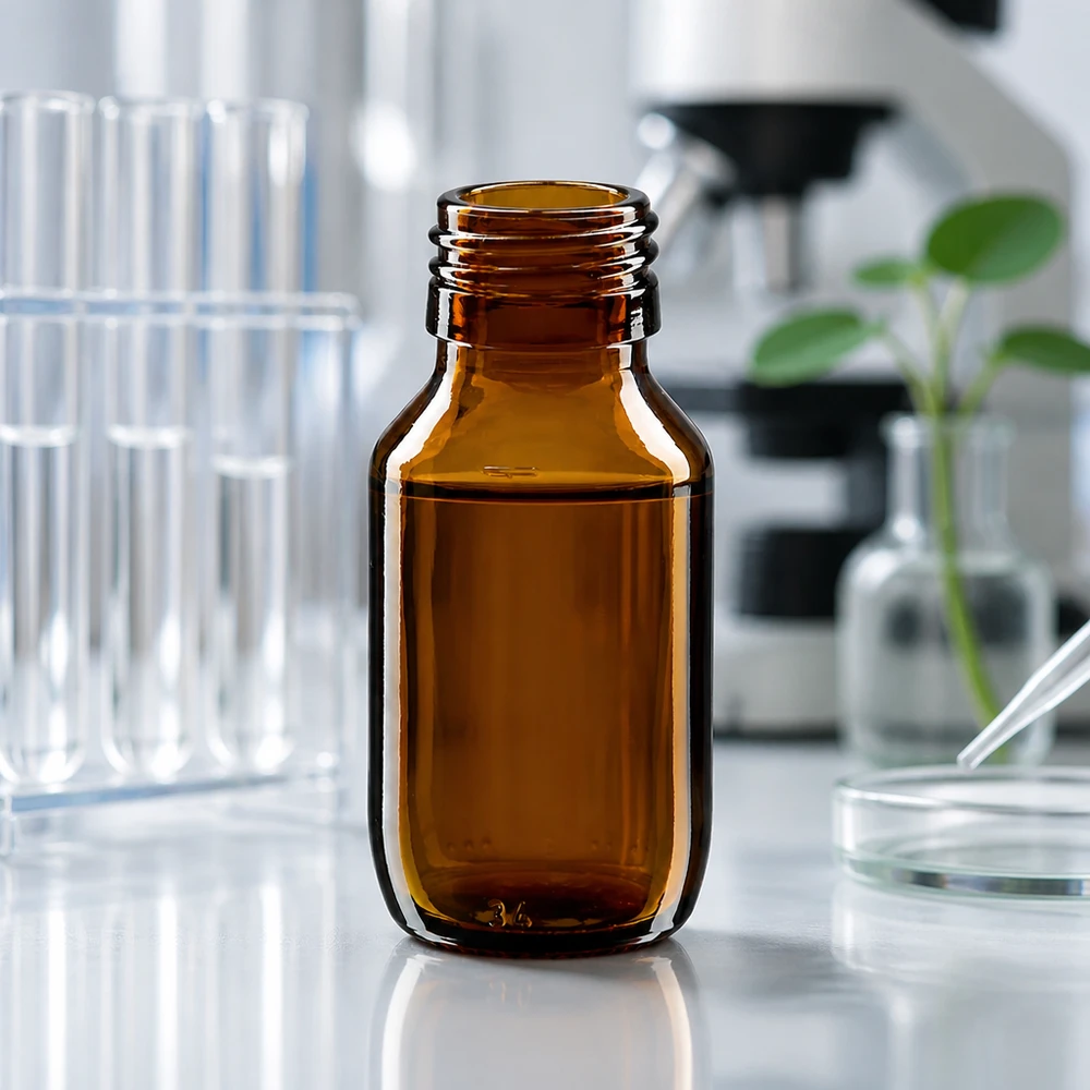 Flacon médical 50 ml couleur ambrée, PP 28 Petite bouteille de pharmacie de 50ml en verre brun sans bouchon, filetage PP28 pour les applications de laboratoire