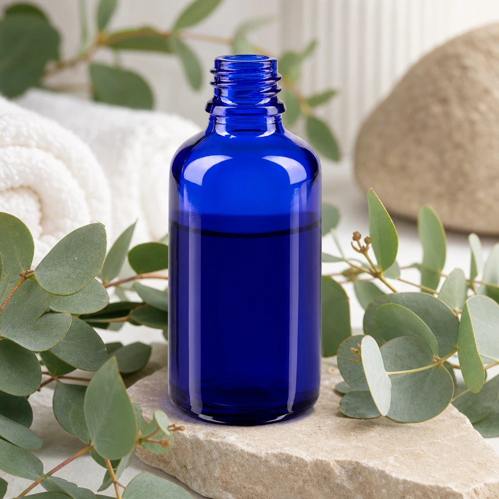 Flacon compte-gouttes pharmaceutique 50 ml DIN18 - verre bleu Bouteille de pharmacie professionnelle ApoGlas 50ml en bleu pour un dosage et un stockage précis des extraits