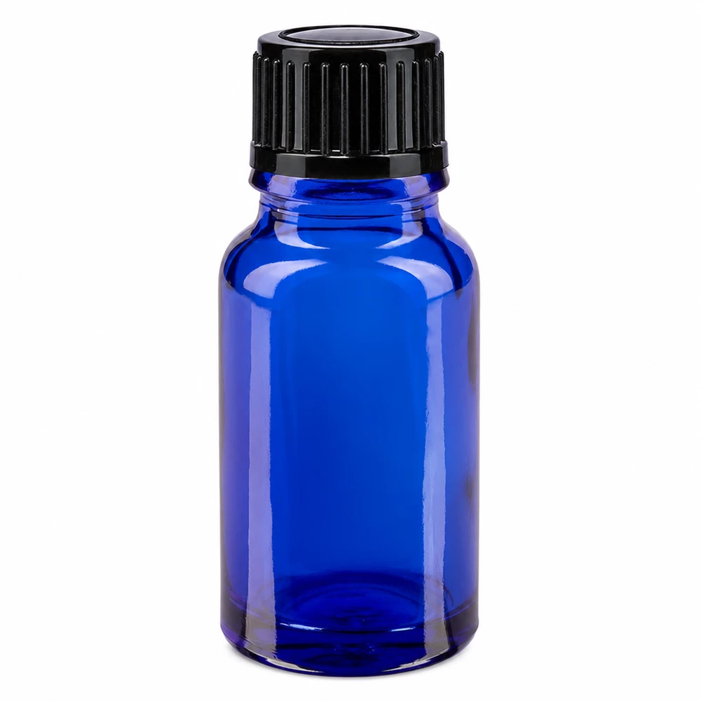 Flacon de pharmacie bleu 10ml, noir 1mm std Flacon de pharmacie en verre bleu de 10 ml avec bouchon compte-gouttes noir et ouverture de 1 mm