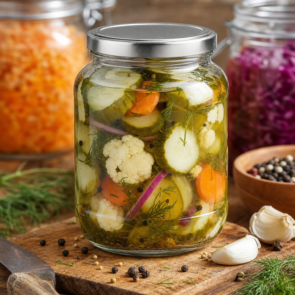 Bocal ovale de 370 ml avec couvercle BasicSeal rempli de légumes et d'herbes fermentés sur une planche en bois avec des épices