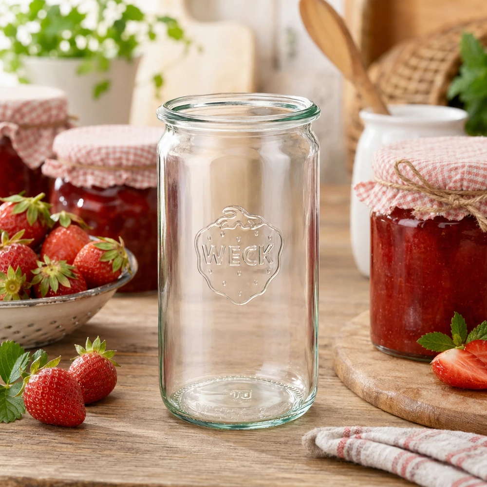 Bocal en verre cylindrique WECK RR60 de 340 ml WECK Pot cylindrique 340ml RR60 dans une scène de cuisine avec des fraises et de la confiture maison sur une table en bois