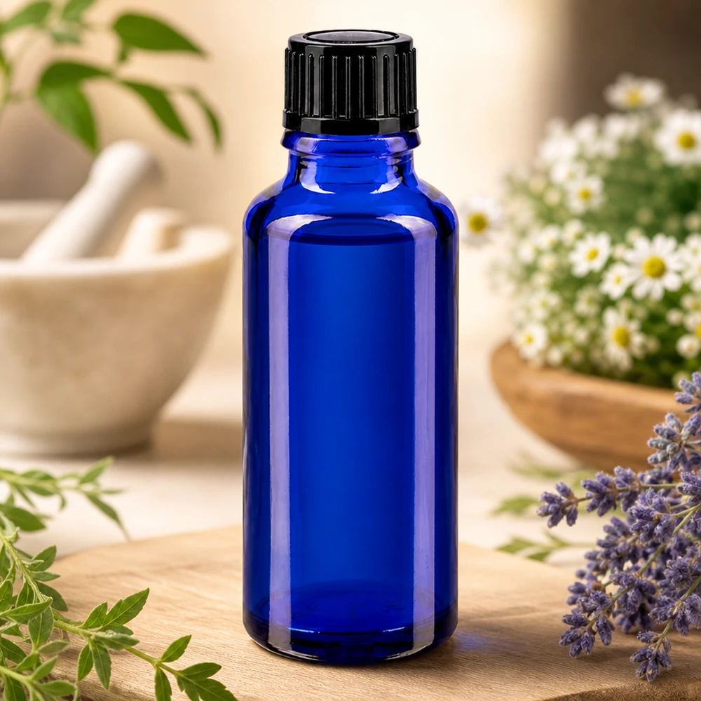 Flacon en verre bleu de 30 ml muni d'un bouchon noir de 11 mm, entouré de fleurs de camomille et d'herbes aromatiques