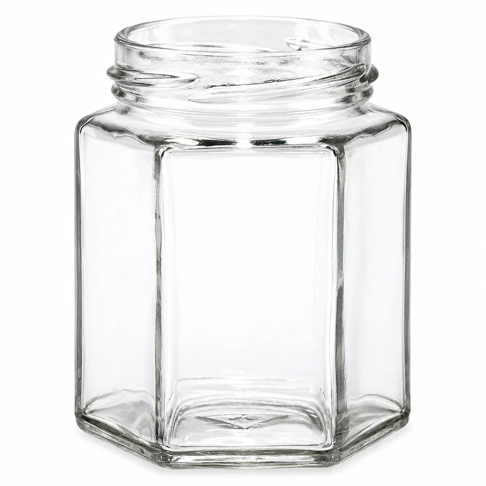 Pot à vis hexagonal 196ml TO82 filet transparent vide sans couvercle pour confiture et miel