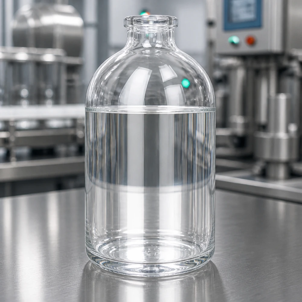 Flacon pour solution injectable, 100 ml en verre clair Medizinische Klarglasflasche 100ml mit flachem Standboden vor industriellem Maschinenhintergrund