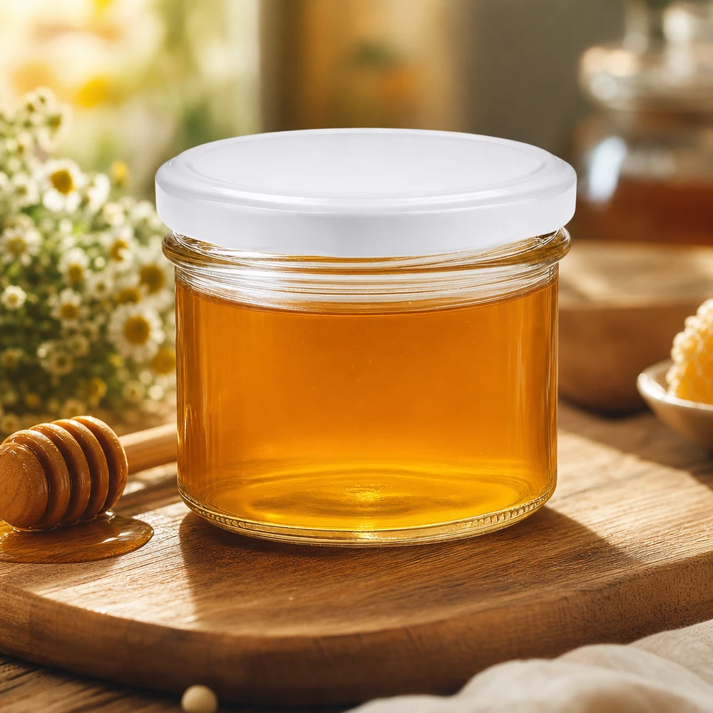 Pot de 225 ml avec couvercle BasicSeal rempli de miel sur une planche en bois, à côté d'une cuillère à miel et de fleurs.