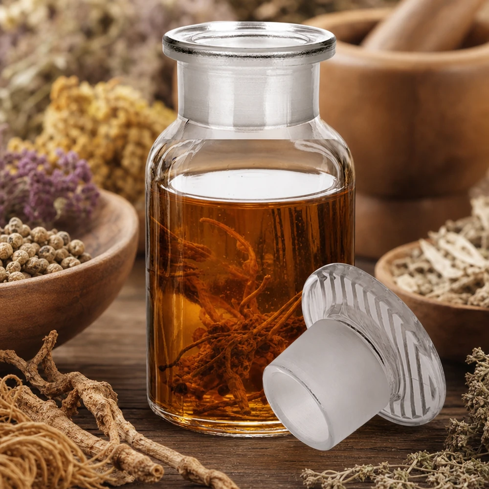 Flacon pharmaceutique 100 ml col large + bouchon verre clair Flacon à épaules arrondies de 100 ml, transparent, avec bouchon en verre à col large, pour extraits de plantes et teintures