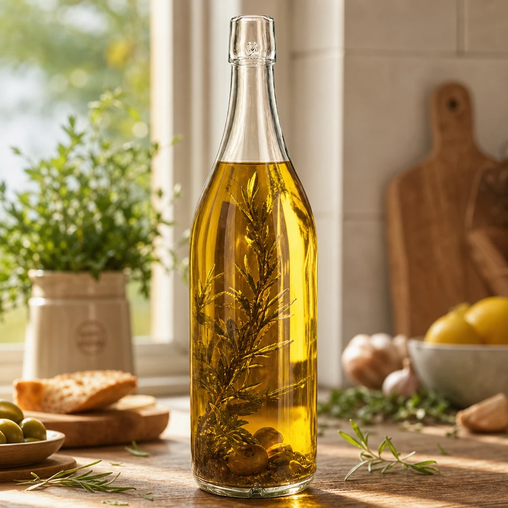 Bouteille en verre de 1000 ml sans bouchon mécanique UNiTWIST Bouteille en verre 1000ml UNiTWIST remplie d'huile d'olive aux herbes Scène de cuisine Exemple d'utilisation Bouchon à visser