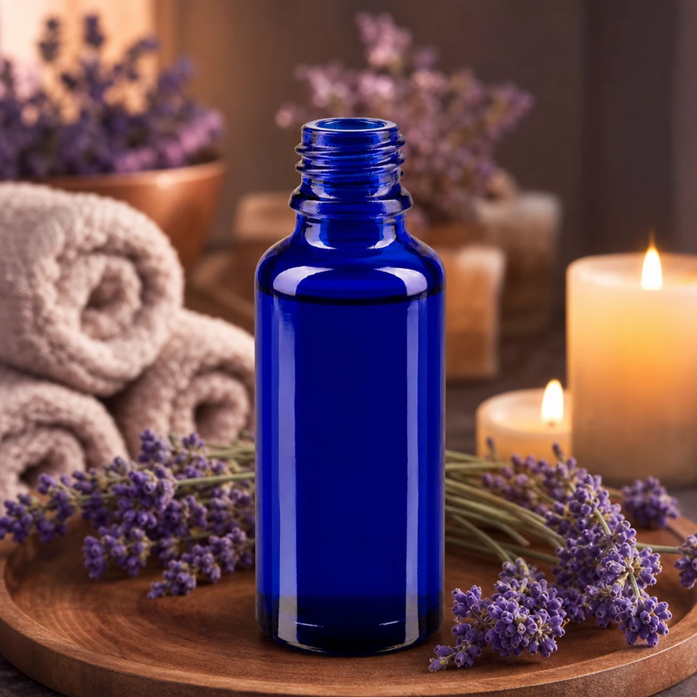 Petit flacon de pharmacie ApoGlas de 30 ml, d'un bleu intense, à côté de fleurs de lavande fraîches