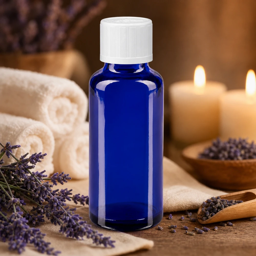 Flacon en verre bleu de 30 ml muni d'un compte-gouttes, entouré de fleurs de lavande et de bougies pour l'aromathérapie
