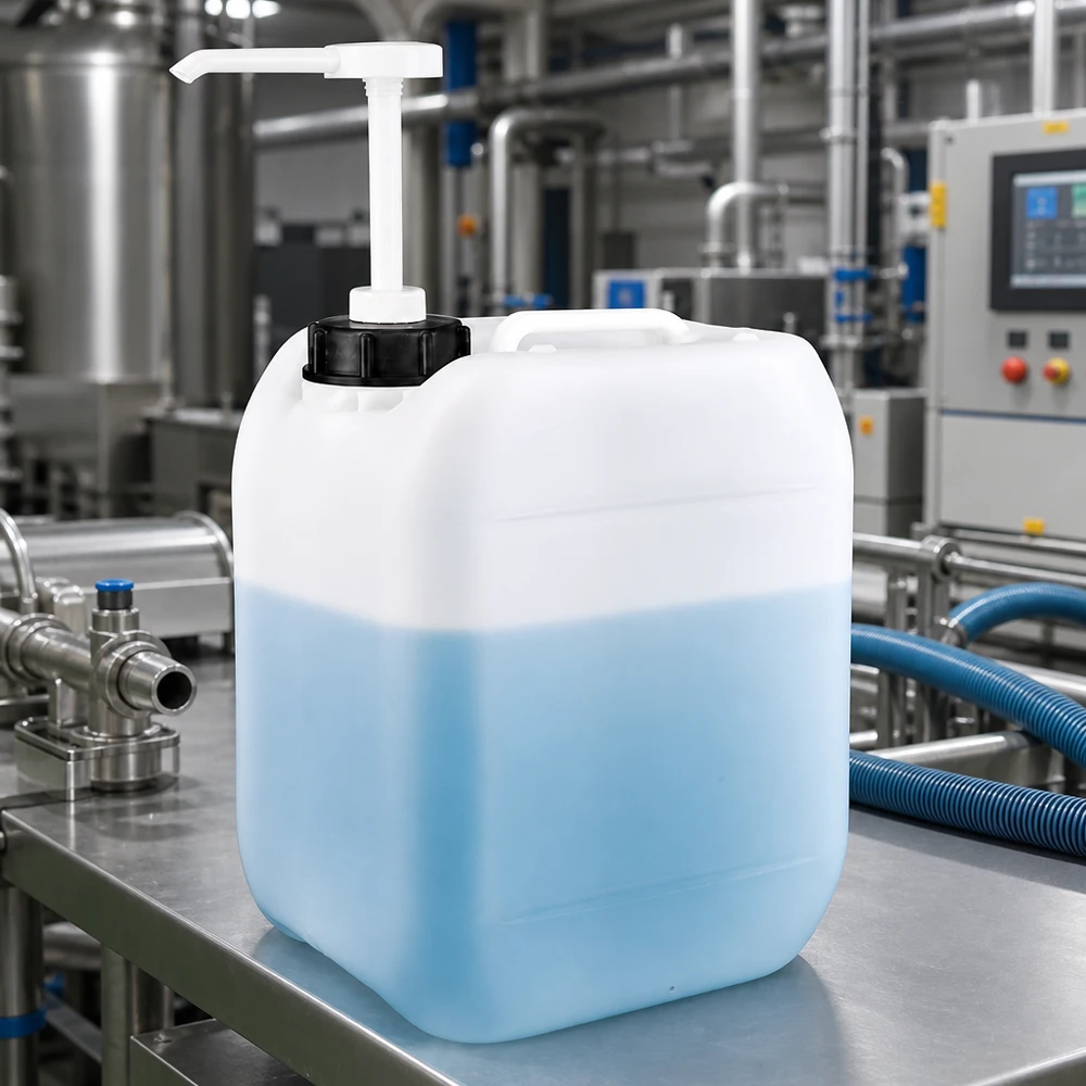 Bidon transparent de 5 litres contenant un liquide bleu et muni d'une pompe doseuse blanche, dans une usine de production industrielle