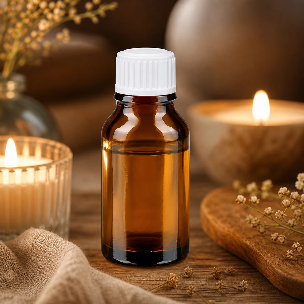 Flacon en verre brun 15ml avec bouchon à vis blanc St Flacon en verre ambré de 15 ml avec bouchon à vis blanc, posé sur une surface en bois avec des bougies
