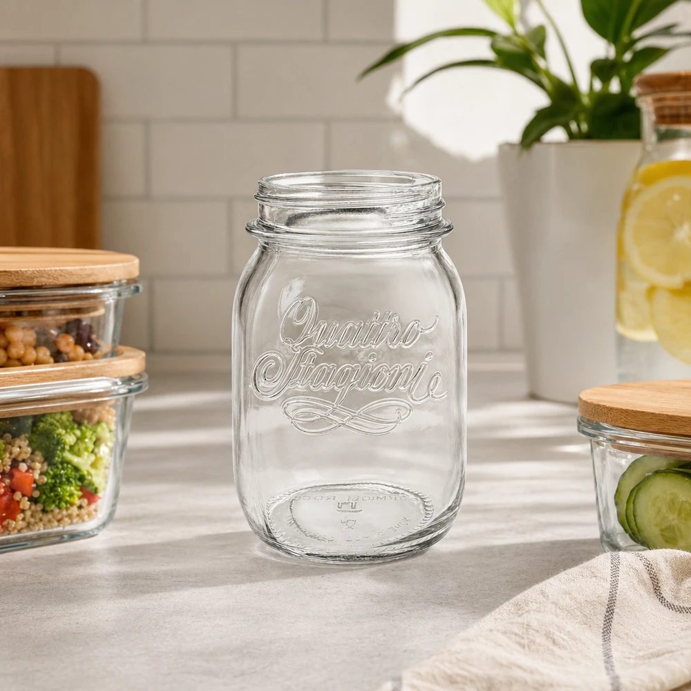 500ml Quattro Stagioni Verre de ménage sans couvercle sur le plan de travail de la cuisine avec d'autres bocaux à provisions en arrière-plan