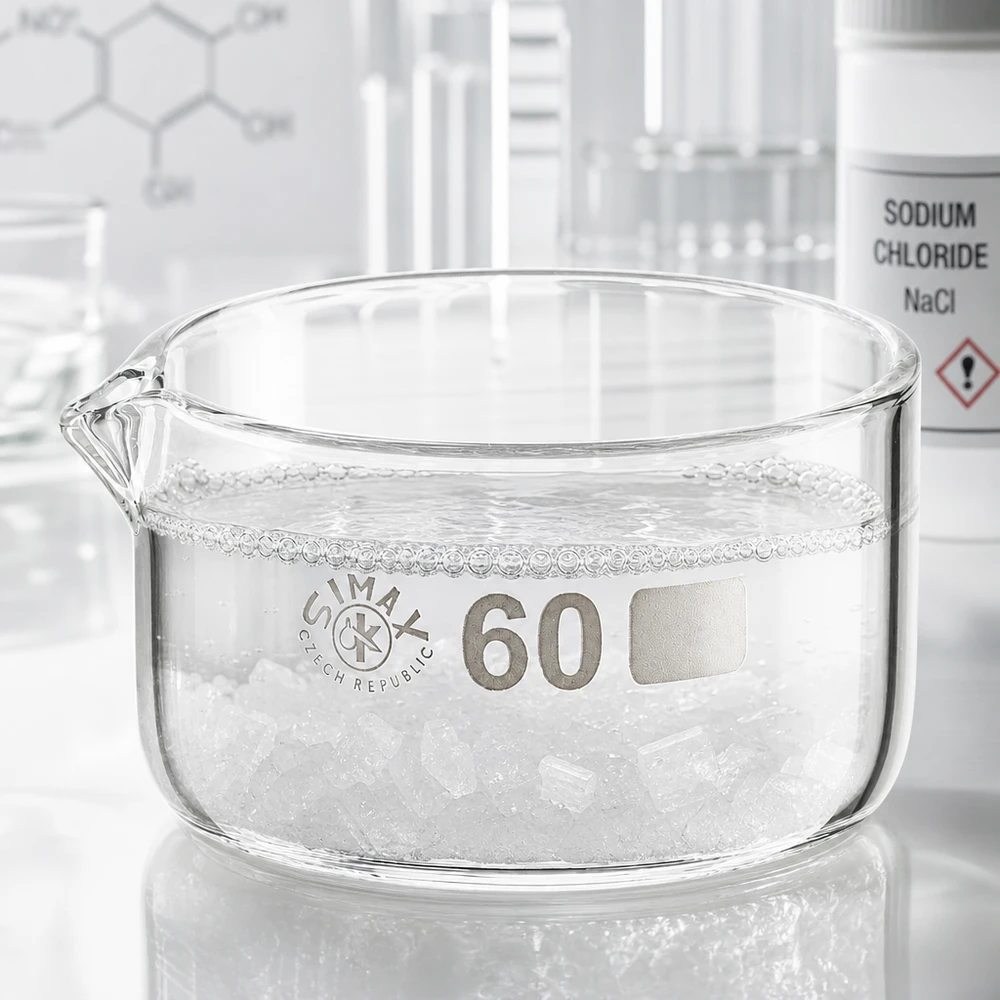 Coupelle de cristallisation 60 ml avec bec verseur Coupelle de cristallisation de 60 ml contenant des cristaux de chlorure de sodium ; coupelle de laboratoire en verre, de forme plate, avec bec verseur
