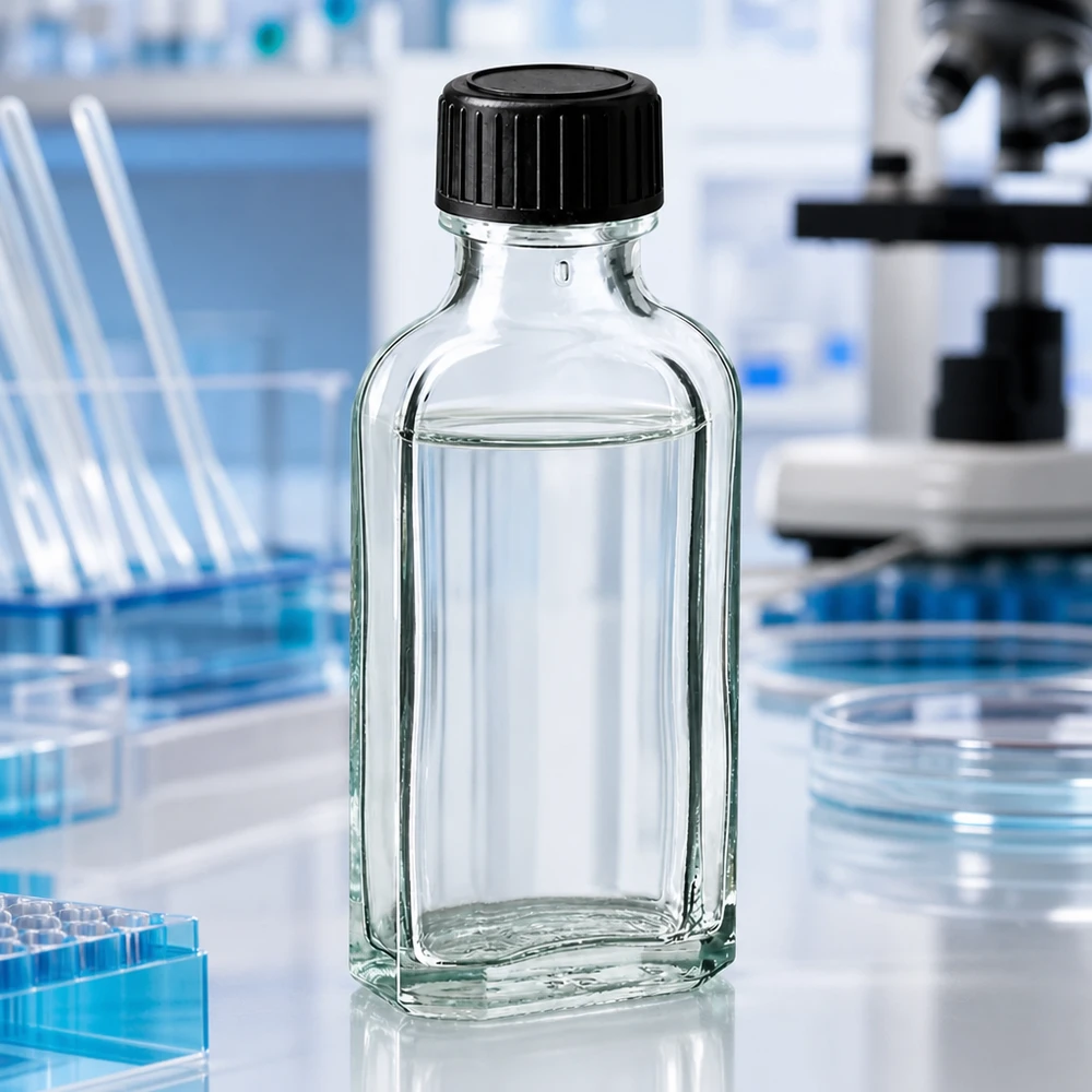 Flacon Meplat transparent de 50 ml avec joint LKD, destiné à un usage professionnel en laboratoire