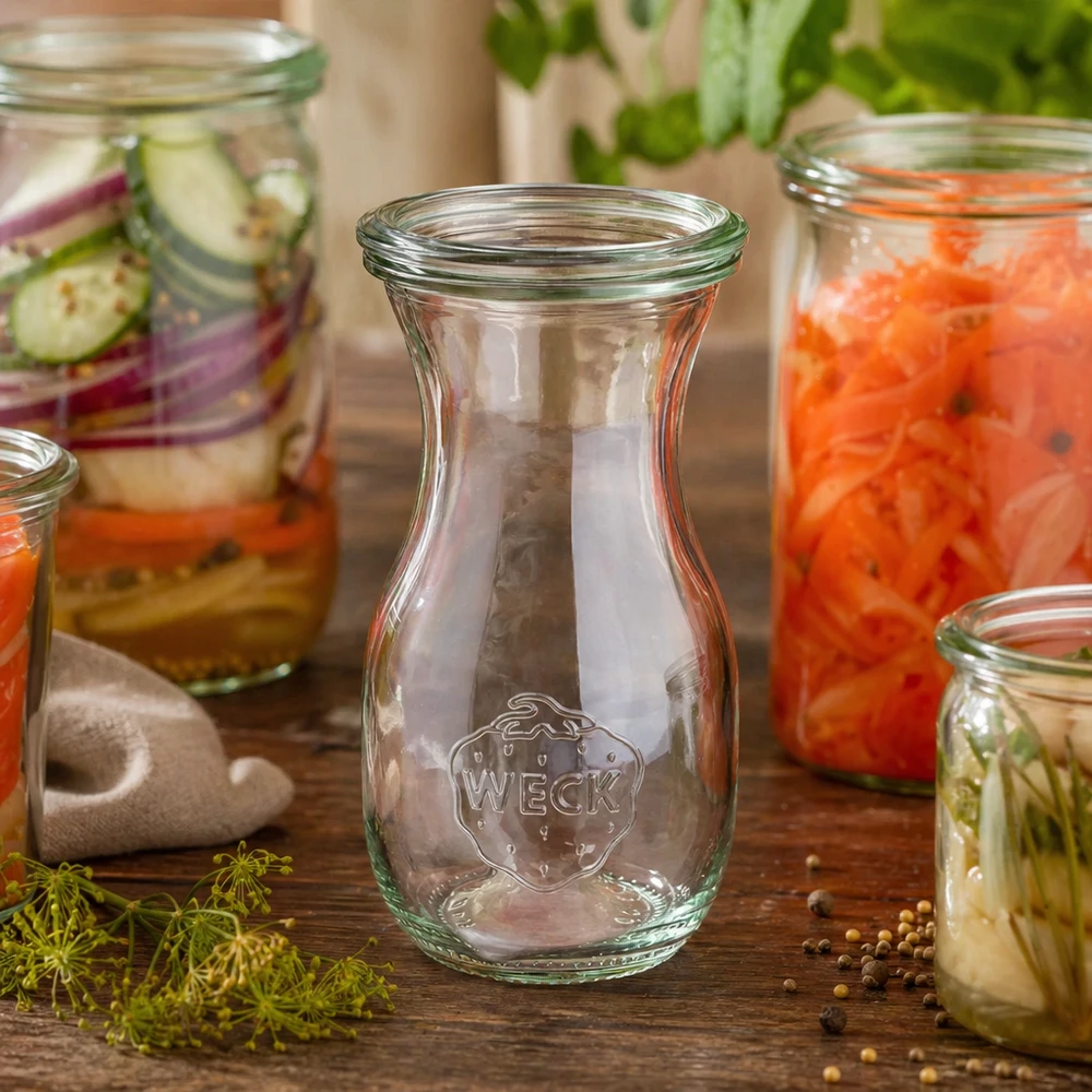 WECK Bouteille de jus 290ml RR60 vide dans une ambiance avec des bocaux remplis et des herbes fraîches sur une table en bois