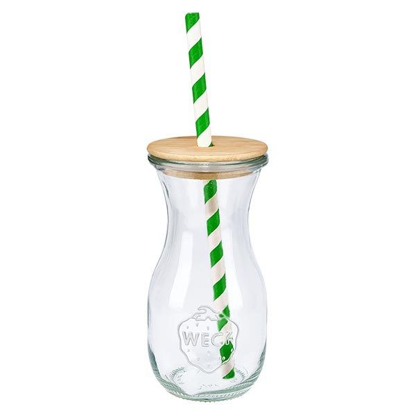 WECK Bouteille de jus de fruits 290ml avec couvercle en bois naturel et paille écologique verte et blanche Vue simple verre à boire