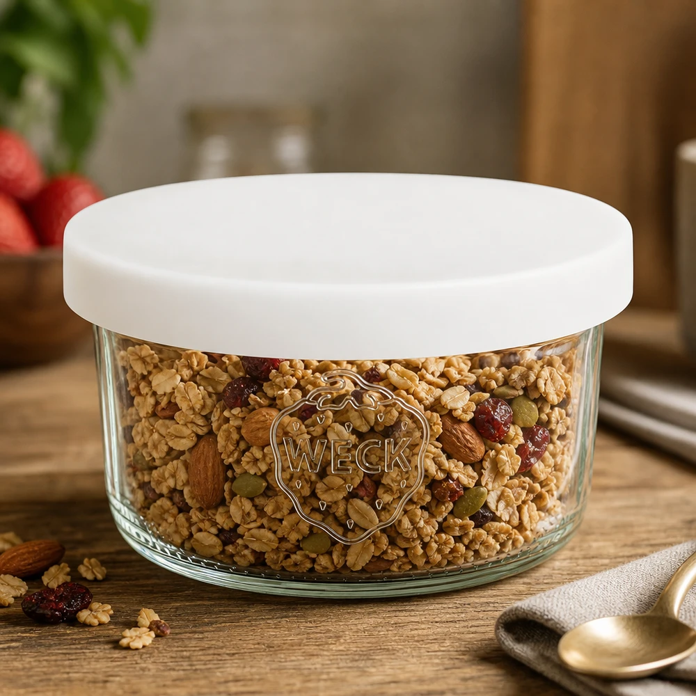 WECK Pot à provisions 165ml RR80 avec couvercle en silicone blanc rempli de mélange de noix et de fruits secs dans la cuisine