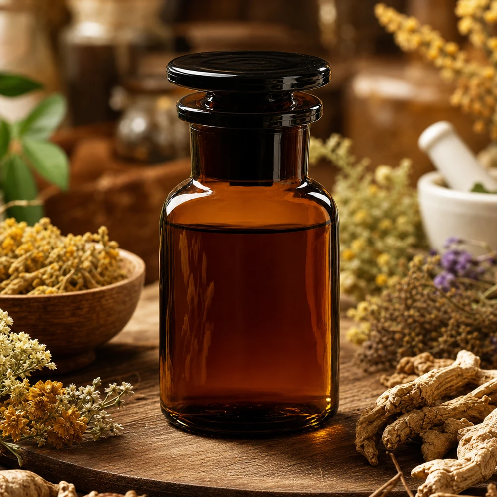 Flacon pharmaceutique 100 ml col large + bouchon verre ambré Flacon de pharmacie classique de 100 ml, marron, à col large et bouchon en verre, entouré de plantes médicinales