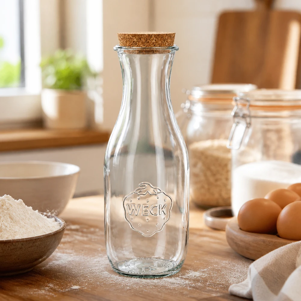 WECK Bouteille en verre 1062ml RR60 avec bouchon sur plan de travail en bois entre les ingrédients de cuisson comme la farine et les œufs dans une cuisine claire