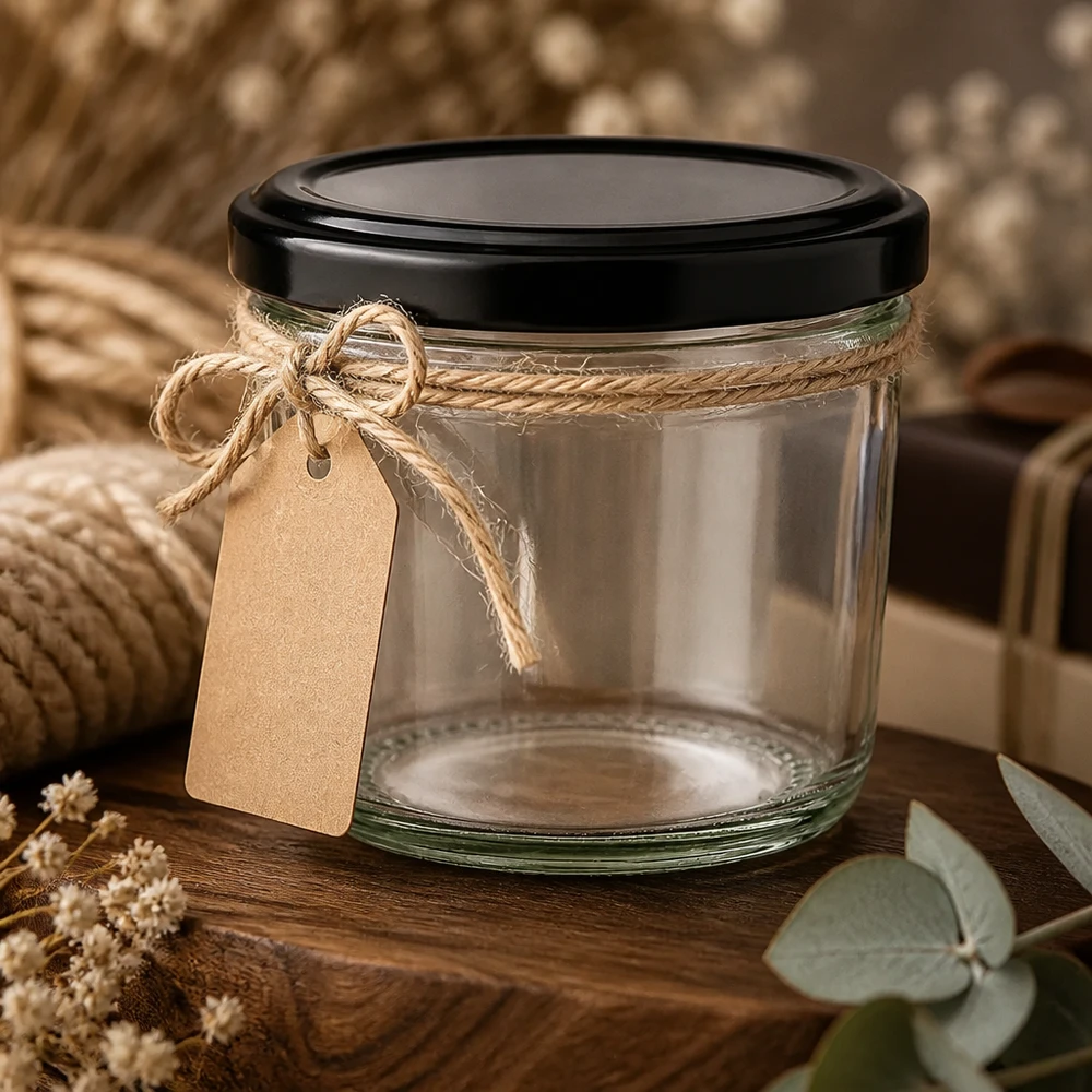 230ml Verre conique avec couvercle BasicSeal noir UNiTWIST Verre renversé de 230 ml avec couvercle noir et boucle de jute comme emballage cadeau sur fond de bois rustique