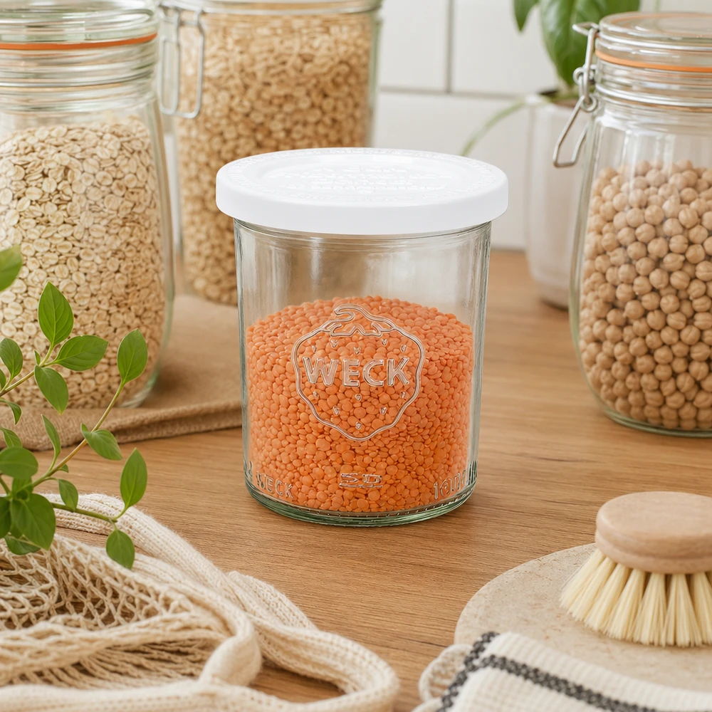 Bocal en verre de 160 ml avec couvercle hermétique WECK RR60 WECK 160ml pot renversé RR60 rempli de lentilles rouges dans une cuisine durable avec des bocaux à provisions et des ustensiles en bois