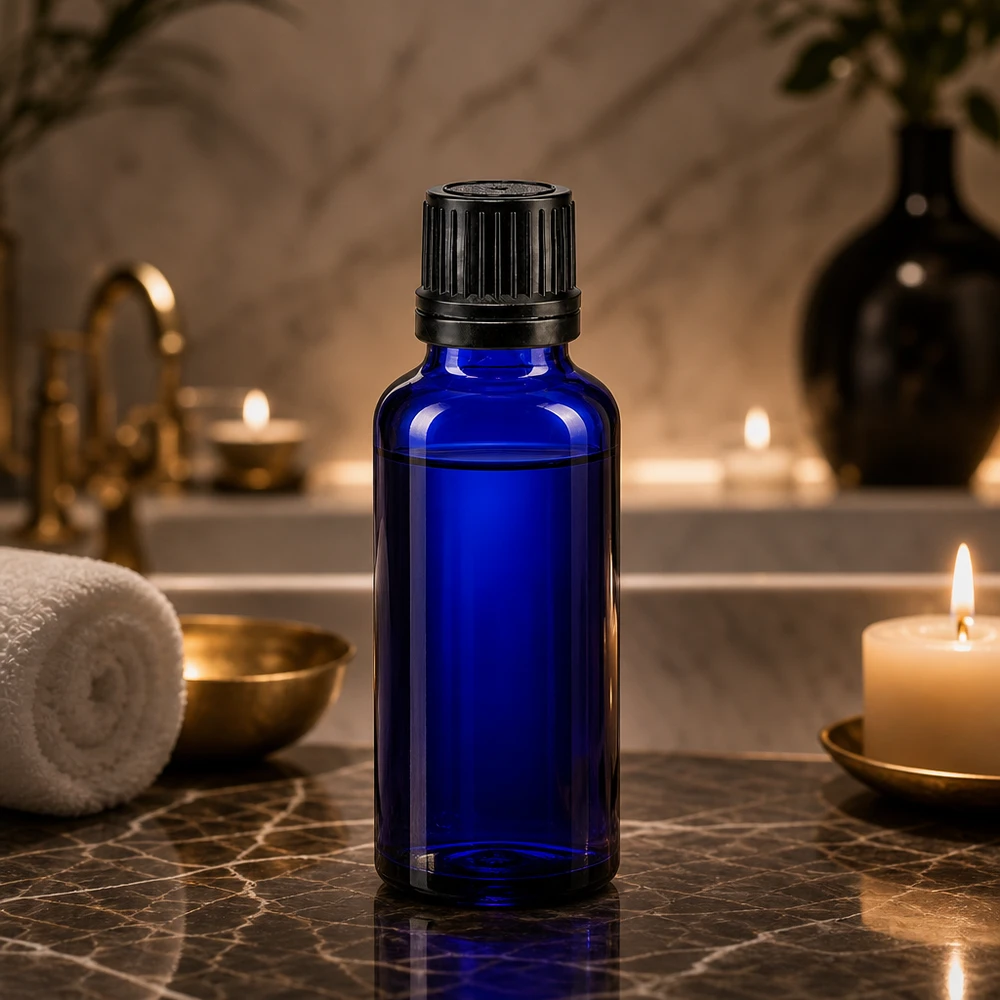 Bouteille de pharmacie bleue 30ml bouchon vissable noir bouchon d'inviolabilité Flacon de pharmacie bleu cobalt de 30 ml avec bouchon à vis d'origine, posé sur du marbre foncé dans une ambiance spa