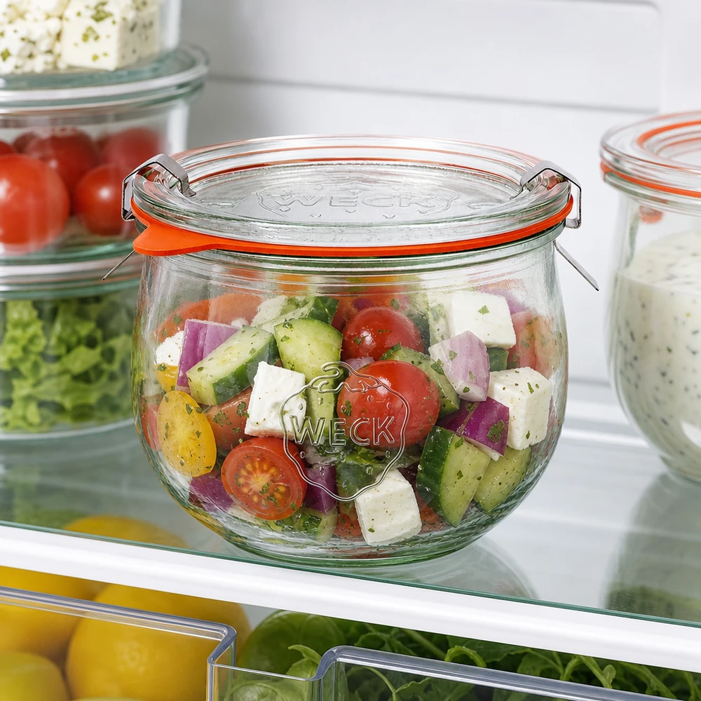 580ml bocal tulipe complet WECK RR100 WECK Pot tulipe 580ml RR100 avec salade colorée dans le réfrigérateur, conservation pratique de Meal-Prep pour les ingrédients frais