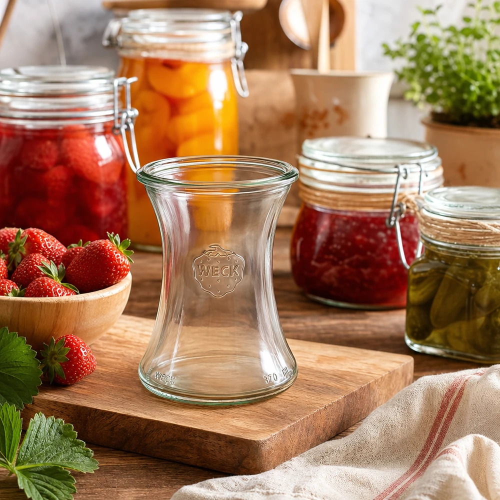 Bocal WECK RR80 de 370 ml WECK RR80 Pot d'épicerie fine 370ml en setting de cuisine avec bocaux, fraises et planche en bois comme décoration