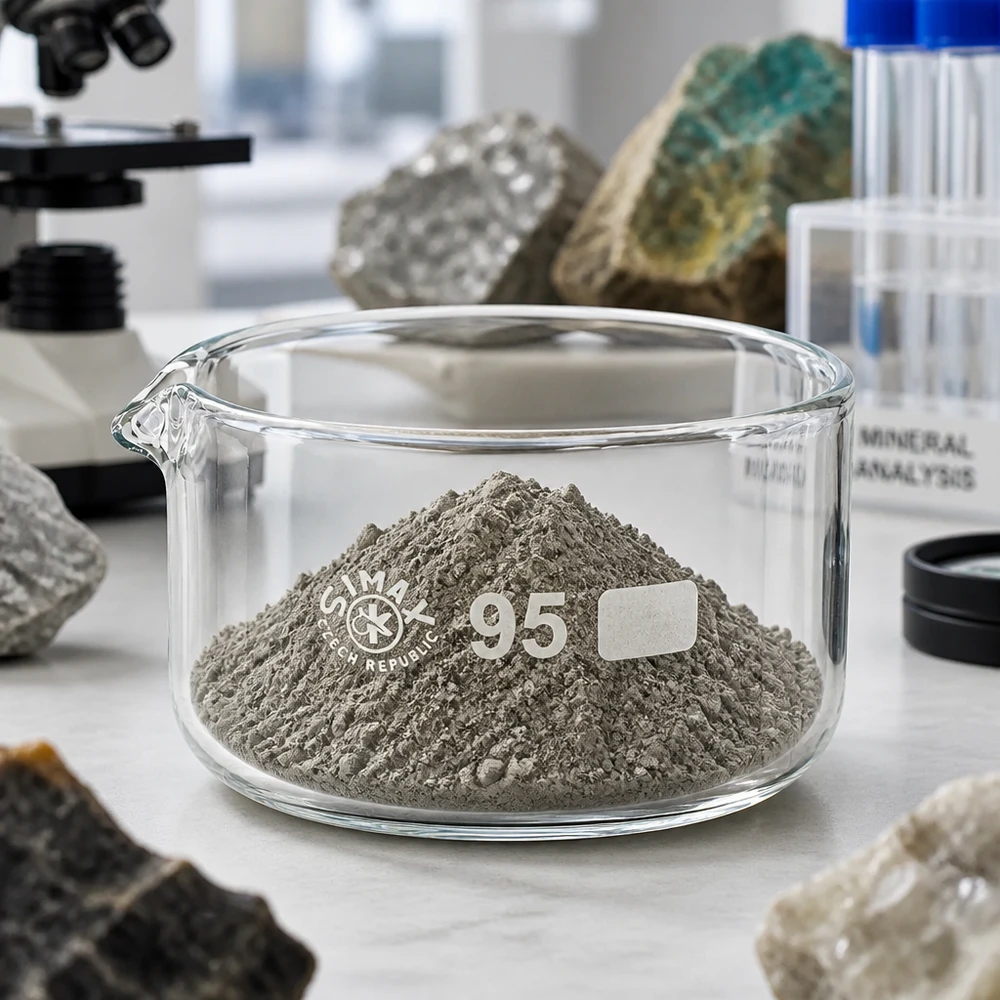 Coupelle de cristallisation de 300 ml remplie de poudre minérale grise – Analyse en laboratoire – Verre borosilicaté – ø 95 mm