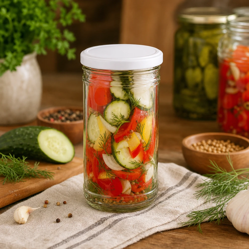 Bocal de 1053ml avec mélange de légumes Concombres Poivrons Oignons Aneth montre une utilisation polyvalente comme bocal de conservation