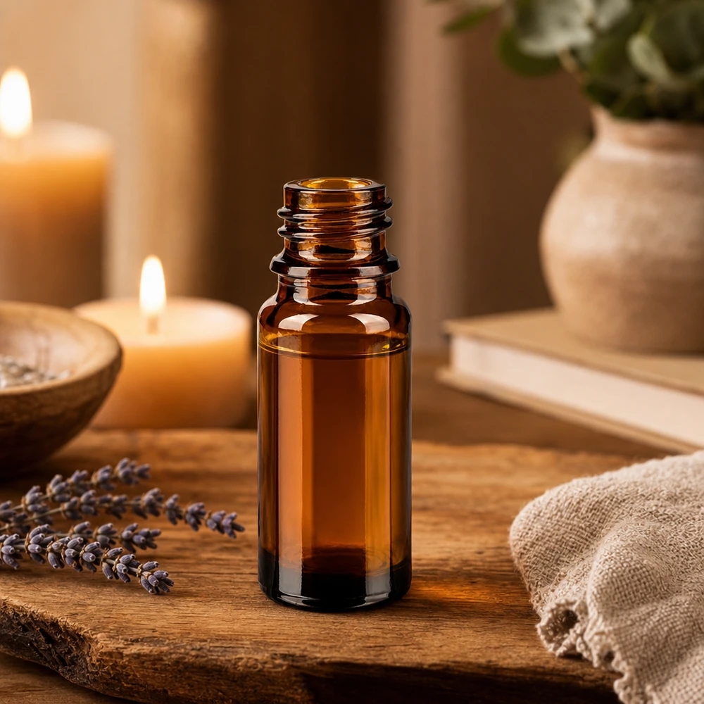 Flacon compte-gouttes 10 ml DIN18 - verre brun Bouteille de pharmacie brune de 10ml ApoGlas avec bougies aux fleurs de lavande et accessoires d'aromathérapie sur plateau en bois
