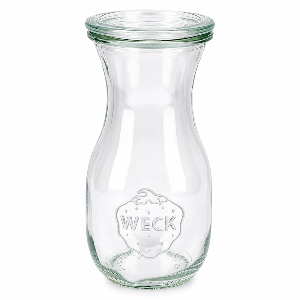 Bouteille à jus de 290 ml avec couvercle en verre WECK RR60 WECK Bouteille de jus de fruits 290ml en verre avec couvercle en verre RR60 transparent avec logo Weck pour jus de fruits et boissons