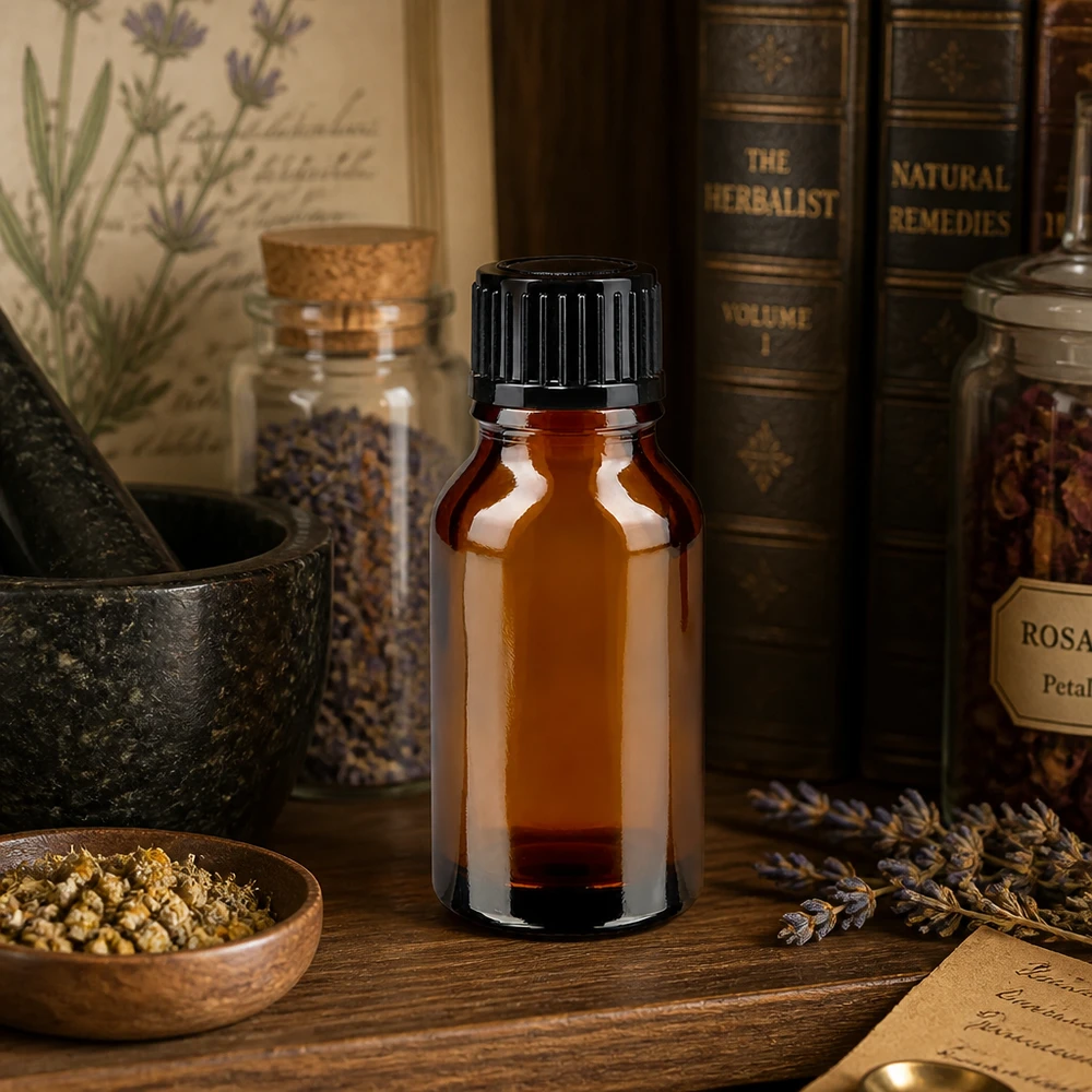 Flacon à pharmacie brun 15ml bouchon compte-gouttes noir 1mm std Flacon opaque de 15 ml, marron, muni d'un bouchon compte-gouttes, posé sur une table en bois entre des herbes aromatiques et des livres