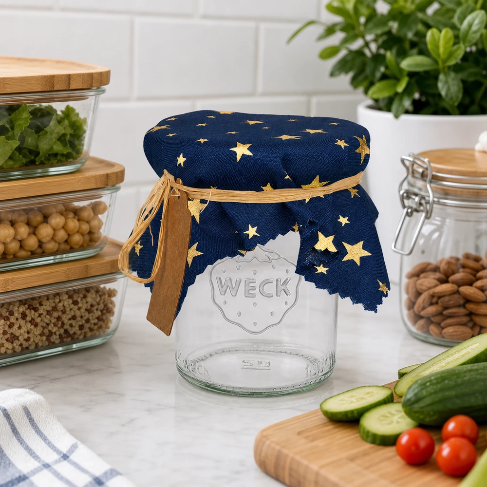 Tissu napperon décoratif avec étoiles sur bocal à côté d'ustensiles de cuisine et de légumes - napperon bleu 15cm
