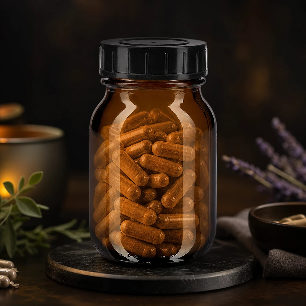 Flacon de pharmacie 75ml en verre brun anti-UV avec bouchon noir étanche à l'air