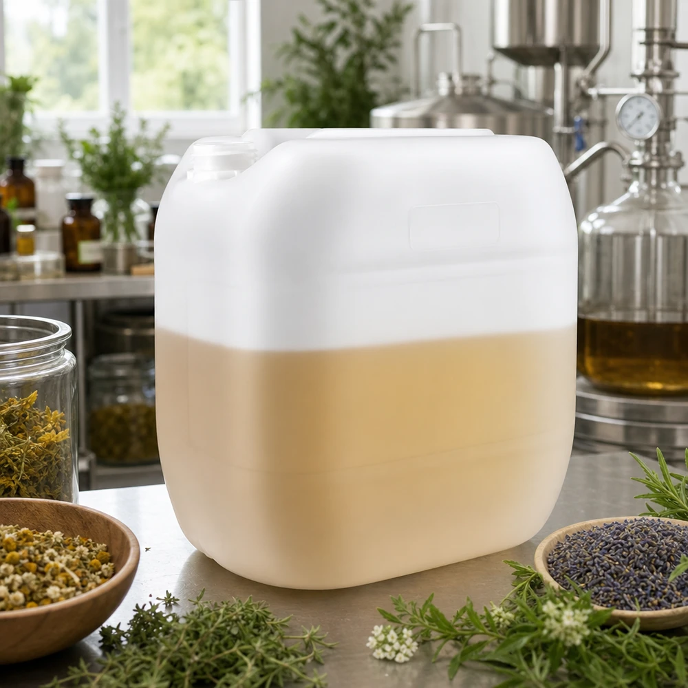 Bidon de 30 litres à moitié rempli, sans bouchon, avec niveau de liquide visible de couleur beige