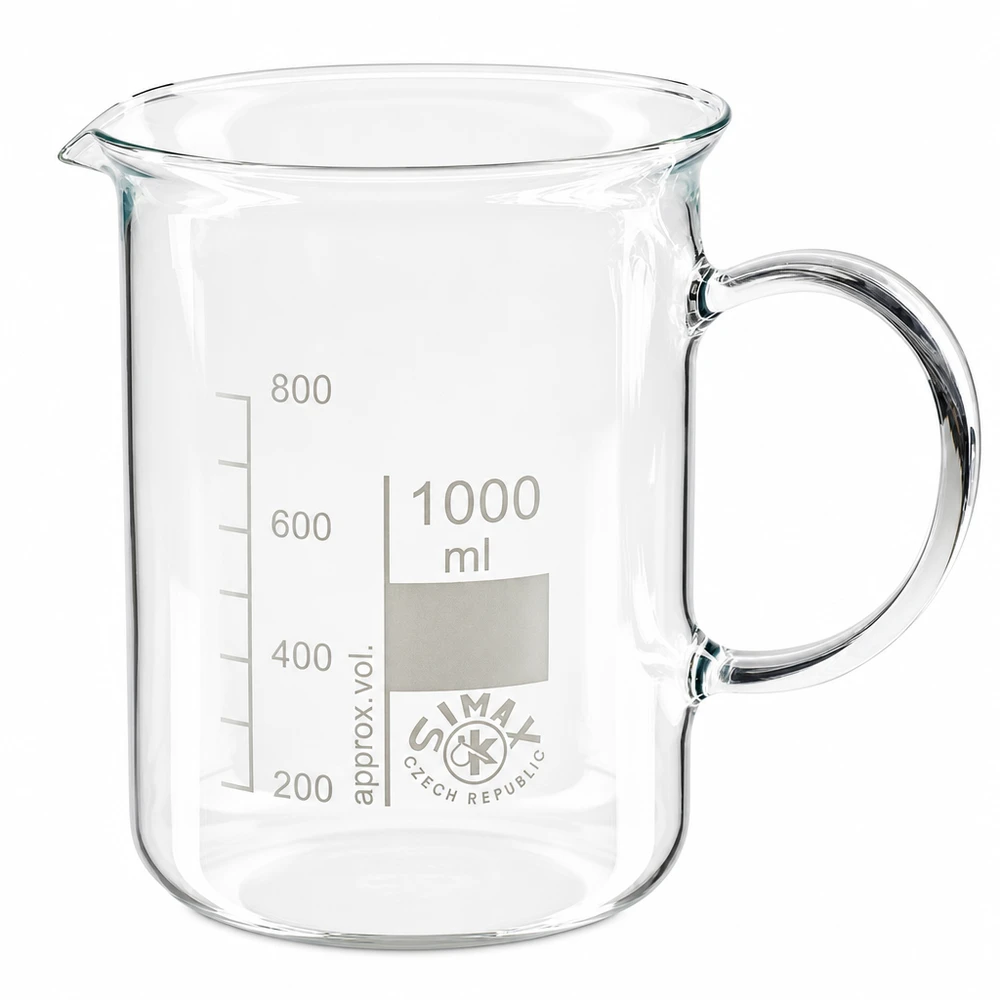 Bécher avec poignée 1000ml en verre borosilicate résistant à la chaleur (forme normale) Bécher de 1 000 ml avec anse, en verre borosilicaté transparent, de la marque Simax Czech Republic