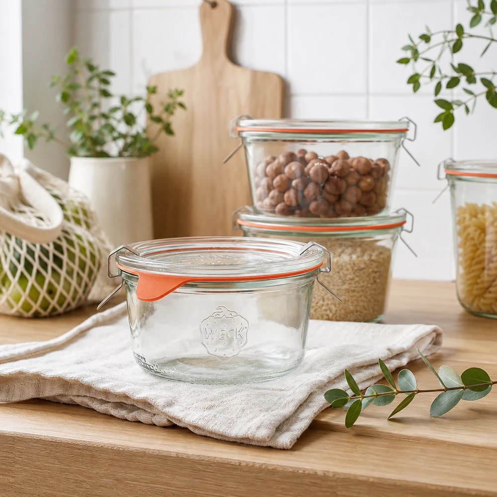 165ml bocal conique complet WECK RR80 WECK Verre renversé 165ml RR80 dans une cuisine moderne avec des bocaux à provisions pleins de noix et de céréales sur un plan de travail en bois
