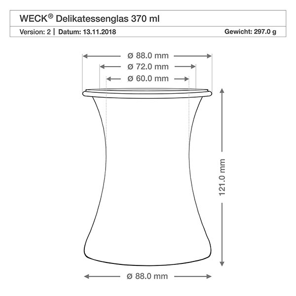 Bocal WECK RR80 de 370 ml WECK Delikatessengl 370ml RR80 Dessin technique Dimensions Diamètre Hauteur Spécification du produit